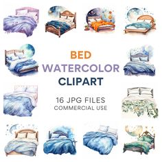 bed watercolor clipart 16 png files for commercial use