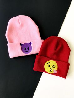 EMOJI Beanies Embroidered Slouchy Hat  Kawaii Hat Custom Beanies Listing for one beanie.  Top quality beanie, hypoallergenic, hand washable. 12 inches long, Large size so you can roll it up and wear tight or slouchy.  100s of thread color options.  SHIPPING DETAILS  Shipping upgrades do not speed up processing times. Shipping speeds stated below. *First Class mailing is 3-8 day transit time depending on seasonal rush. *Priority mailing is a 1-3 day transit time (not guaranteed by USPS)  *Express Custom Beanies, Kawaii Hat, Kissy Face, Hat Custom, Slouchy Hat, Skull Cap Beanie, Skull Cap, Caps Hats, Color Options