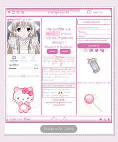 a pink web page with an image of a hello kitty on the front and side