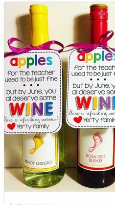 two wine bottles with labels on them that say apples for the teacher used to be