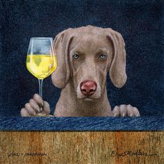 a painting of a dog with a glass of wine