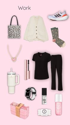 the contents of a woman's work bag laid out on top of a pink background