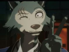 an animated wolf holding up a peace sign