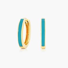 14K Yellow Gold Turquoise Enamel Huggie Hoop Earrings. These earrings exemplify everyday elegance. Wear them every day or save them for a special occasion, the turquoise enamel is the perfect punctuation for any look. Trendy Gold Enamel Hoop Earrings, Yellow Gold Small Hoop Earrings With Enamel, Gold Enamel Hoop Huggie Earrings, Small Hoop Yellow Gold Enamel Earrings, Yellow Gold Enamel Hoop Earrings, Enamel Ring, Enamel Earrings, Huggie Hoop Earrings, Christmas Wishlist