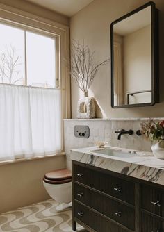 a white toilet sitting next to a bathroom sink under a mirror on top of a counter