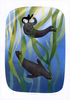 risograph print of a selkie and a seal swimming underwater among green kelp fronds Underwater Forest, Risograph Illustration, Risograph Poster, Magical Underwater, Mermaid Wall Art, Kelp Forest, Riso Print, Forest Illustration, Risograph Print