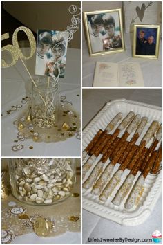 a collage of photos with gold and white decorations on them, including an assortment of desserts