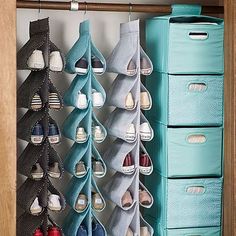 an organized closet with shoes and other items