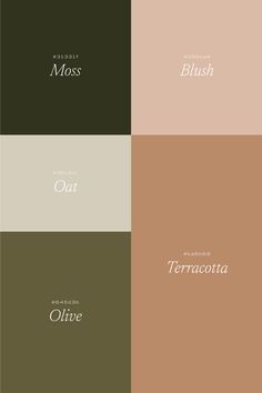 four different color palettes with the words moss, oat, terracotta and