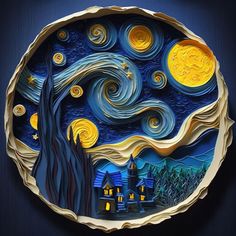 a paper plate with an image of a night sky and houses on the hill in the background