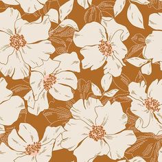 an orange and white flower pattern on a brown background, with pink flowers in the center