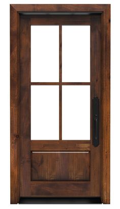 a wooden door with glass panels on the front and side panel, in dark brown