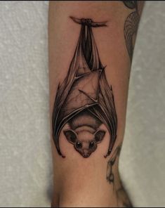 a black and white photo of a bat on the leg