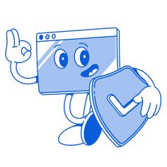 a blue cartoon character holding a shield and giving the thumbs up sign with both hands