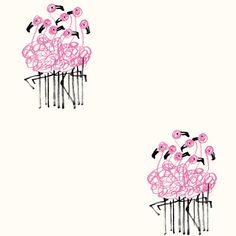 two pink flamingos sitting on top of a pile of hairbrushes in front of a white wall