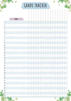 a printable grade tracker with green leaves