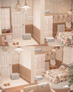 the interior of a doll house with furniture and decorations in it, including a bed