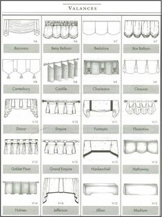 an image of different types of curtains and valances in various styles, sizes and colors