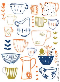 various cups and saucers are drawn in different colors