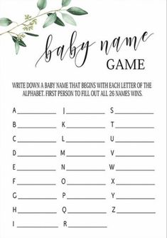 baby name game with leaves and branches on the front, in black ink that says baby name game