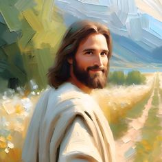 a painting of jesus walking through a field