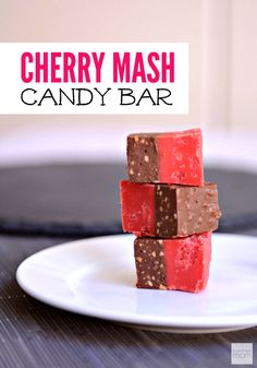 cherry mash candy bar on a white plate with the title overlay above it