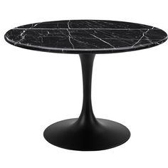 a black marble table with an oval base and round top, on a white background