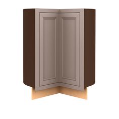 a corner cabinet with two doors on the front and one door open to reveal an area for