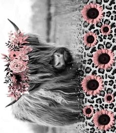 a black and white photo with pink flowers in the middle of it, next to a leopard print wallpaper