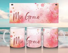 three coffee mugs with the words mr and mrs grace on them in front of an ocean background