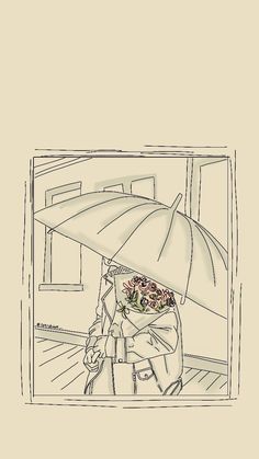 a drawing of a person holding an umbrella over their head with flowers in the rain