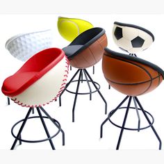 four stools with different types of sports balls on them