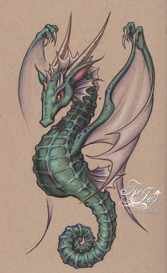 a drawing of a green dragon with red eyes