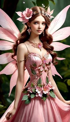 a beautiful fairy with pink flowers in her dress