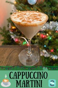 cappuccino martini in front of a christmas tree with the words cappuccino martini on it