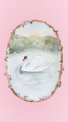 a watercolor painting of a white swan floating on top of a body of water