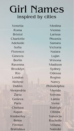 the girl names inspired by cities are shown in black and white on a cityscape