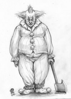 a drawing of a creepy clown holding a shovel