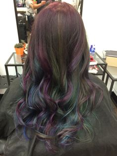 Purple, blue, teal, green loving it! Pigeon Hair, Green And Purple Highlights, Purple And Green Hair, Purple Brown Hair, Dream Hairstyles, Hair References, Hair 2022