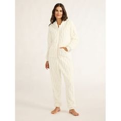 Every night its a cozy celebration with Joyspuns Hooded Union Suit. Supremely plush and soft, this one-piece lounger (or sleeper) surrounds you in total comfort while you kick back and relax or head to bed to catch some ZZZs. Its a total treat for your sleep collection. Meet Joyspun. A joyful new spin on Secret Treasures. Only at Walmart. Size: XS.  Color: White.  Gender: female.  Age Group: adult. Union Suit, Plus Size Sleepwear, Adult Pajamas, Flannel Women, Loungewear Set, White Outfits, Gender Female, Pajama Set, Pants Set