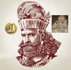 a drawing of a man with a crown on his head and a gold coin in front of him