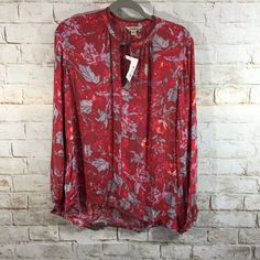 Lucky Brand Womens Large Red Floral Print Long Sleeve Boho Tunic Top Blouse Red Bohemian Tops With Floral Print, Red Bohemian Top With Floral Print, Bohemian Red Tops With Floral Print, Bohemian Red Floral Print Top, Fall Flowy Red Blouse, Flowy Red Blouse For Fall, Red Long Sleeve Blouse With Floral Print, Long Sleeve Red Blouse With Floral Print, Red Flowy Tops For Fall