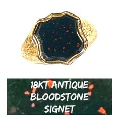 18kt Antique Bloodstone Signet ~18kt (Acid & Kee Gold Tested & Highly Stamped - Common Wear Due To Age) -Maker = Solomon Ullman, Chester England Circa 1901 ~Genuine Bloodstone (Pgtii Tested) -All Info Confirmed W/ Gia Gemologist & Jeweler ~5.63 Grams! ~Sz 7 1/4 ~Polished ~Ring Box Impressive Collectible Antique Unisex Signet Ring (Late Victorian / Early Edwardian Era) Crafted In Solid Rich 18kt Buttery Yellow Gold Would Have Been Owned By A Person Of Means, Especially Due To Weight/ Kt (Most Only 15kt). Shield Shaped Bloodstone Panel To The Center Of The Setting, With Stunning Hand-Etched Floral Shoulder Designs, Is An Absolute Exquisite Piece Of History. Better Than Pics. Bloodstone, A Chester England, Edwardian Era, Stamped Jewelry, Ring Box, Solid Yellow, Signet Ring, Womens Jewelry Rings, Yellow Gold, Women Jewelry