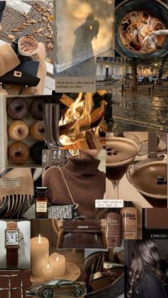 a collage of photos with various items including hats, candles and other things in them