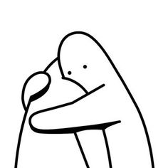 a black and white drawing of a penguin hugging its head with his arms around the neck