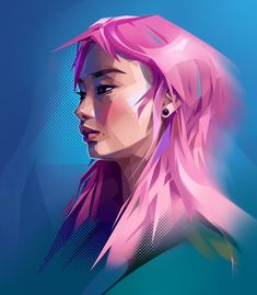 a digital painting of a woman with pink hair