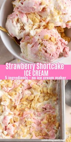 strawberry shortcake ice cream in a white bowl with pink and yellow crumbs