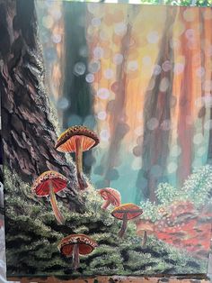 an oil painting of mushrooms in the woods