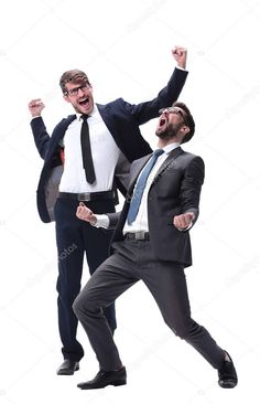 two men in suits and ties, one is holding his arms up while the other holds his