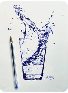 a drawing of a drink with water splashing out of it and a pencil next to it